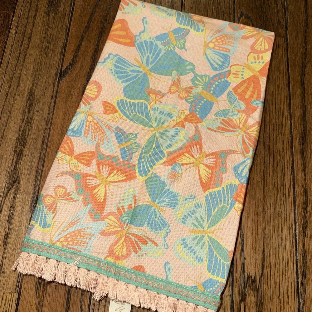Matilda Jane Butterfly Kitchen Hand Towel Cotton Peach Colored Fringe Hem